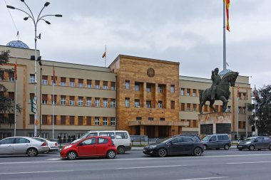 Skopje, Makedonya - 24 Şubat 2018: Bina Parlamento şehir Üsküp, Makedonya Cumhuriyeti