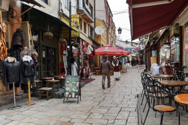 Skopje, Makedonya - 24 Şubat 2018: Eski ın Bazaarı (eski Pazar) şehir Üsküp, Makedonya Cumhuriyeti