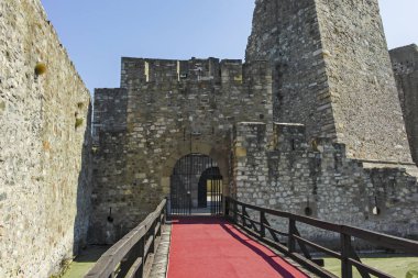 SMEDEREVO, SERBIA - 12 Ağustos 2019: Sırbistan 'ın Smederevo kentindeki Tuna Nehri kıyısındaki Smederevo Kalesi kalıntıları