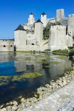 GOLUBAC, SERBIA - 11 Ağustos 2019: Golubac Kalesi - Sırbistan 'ın Tuna Nehri' nin güney tarafındaki ortaçağ güçlendirilmiş kasaba