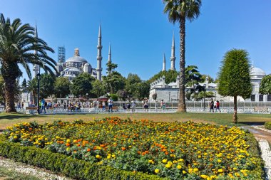 İSTANBUL, TURKEY - 26 Temmuz 2019: İstanbul 'daki Sultan Ahmet Meydanı ve Mavi Cami Panoraması