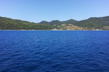 Athos Dağı 'nın Kutsal Dağ Özerk Manastırı manzarası, Chalkidiki, Yunanistan
