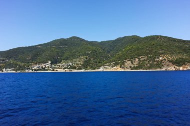 Athos Dağı 'nın Kutsal Dağ Özerk Manastırı manzarası, Chalkidiki, Yunanistan