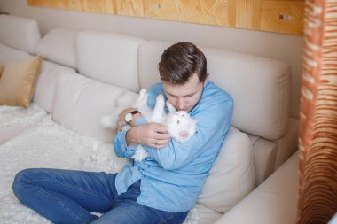 Mavi gömlekli beyaz kabarık kedi ile oynarken, çekici bir adam