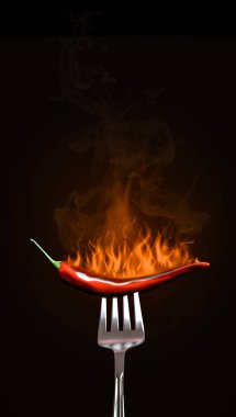 Siyah zemin üzerinde kırmızı kırmızı kırmızı biber ve alev