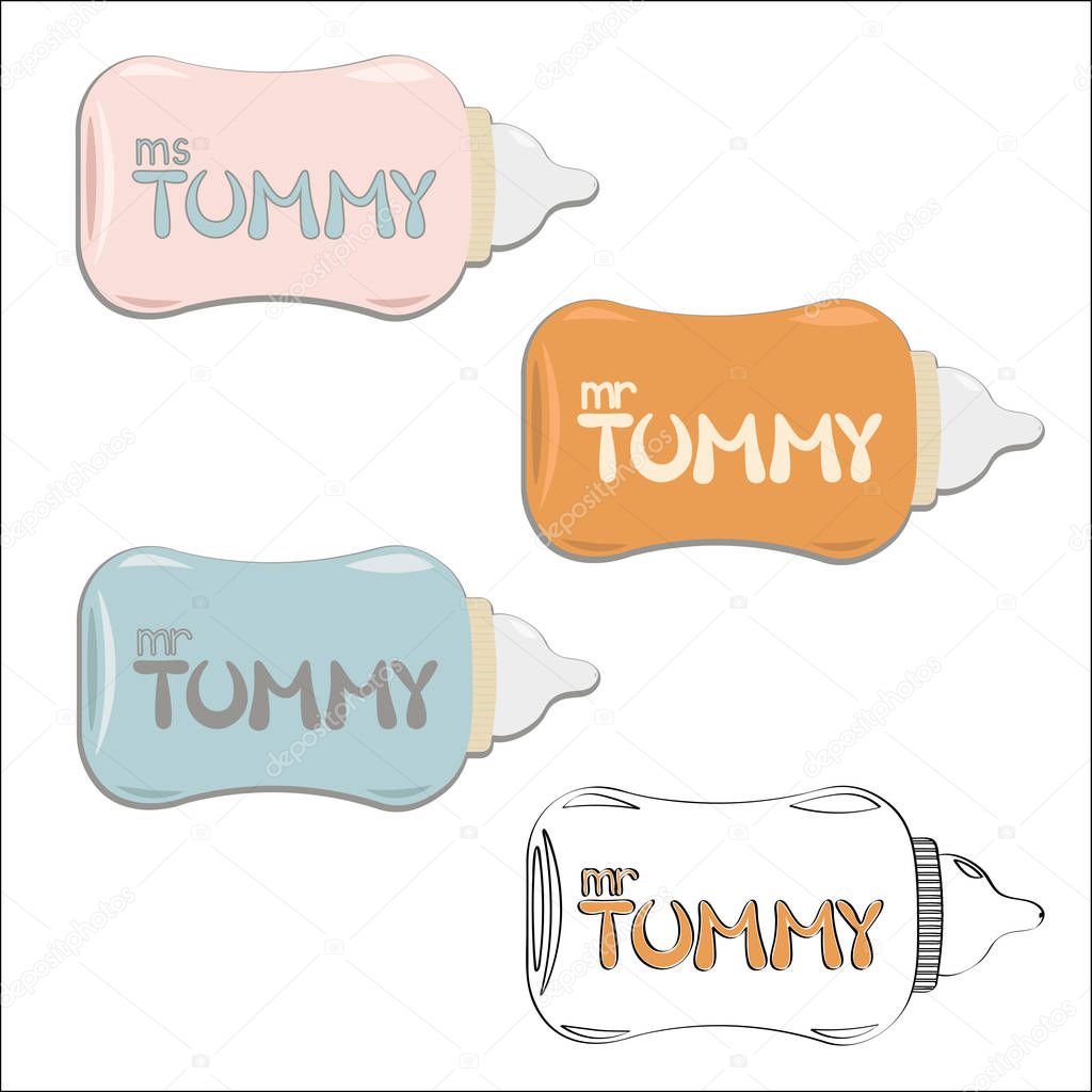 Mr and Ms Tummy lettering on baby bottles. Colors set of flat vector illustration for t-shits and logo