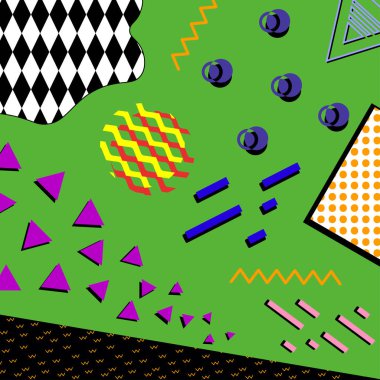 Trendy geometrik öğeleri memphis kartları. Vektör modern soyut tasarım poster, kapak, kart tasarımı.