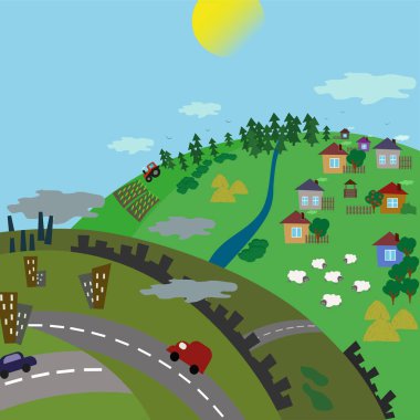 Şehir ve köy manzara. Kırsal yol şehirden. Vektör düz çizim