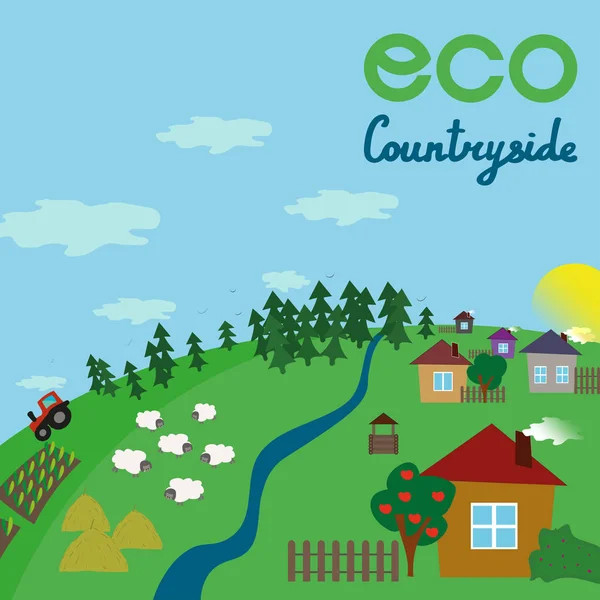 Byn landskap. Eco landsbygden. Flat vektorillustration — Stock vektor