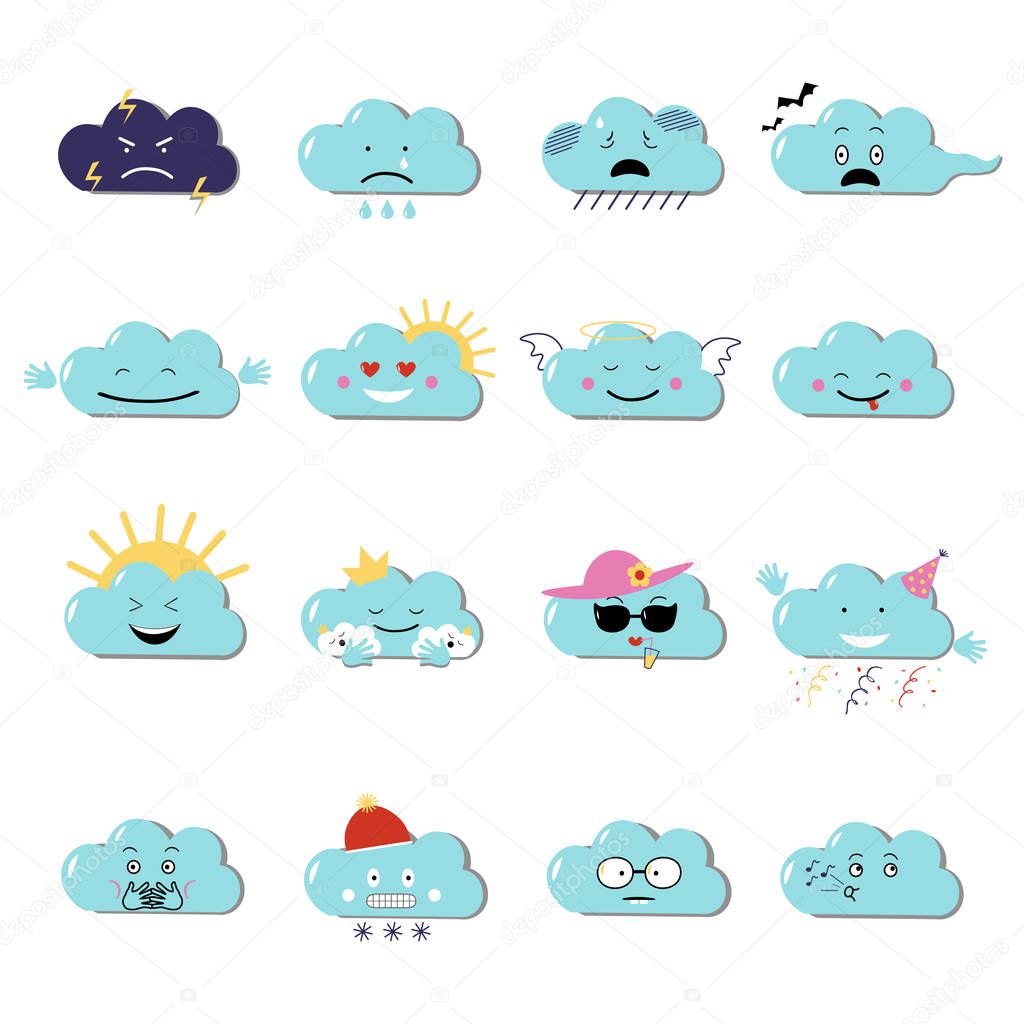 Clouds cute emoji, smily emoticons faces set. Vector flat illustration
