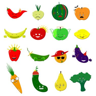 İfadeler gıda vektör kümesi. Şirin komik çıkartmaları. Emoji meyve ve sebze düz çizgi film tarzı. Vektör çizim