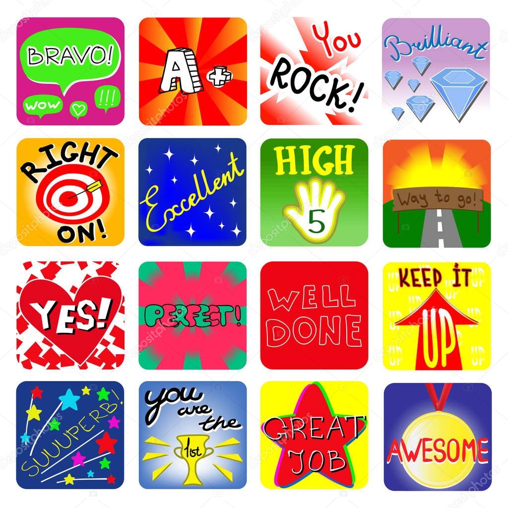 Vector Achievement school Labels. Set of 16 vector stickers