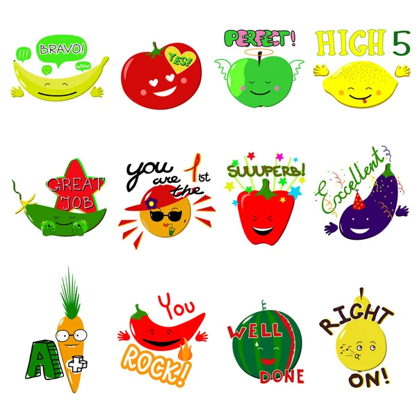 Vector Achievement School Labels. Lot de 16 autocollants vectoriels avec fruits et légumes — Image vectorielle