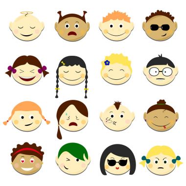 Çocuklar set vektör çizim yüz. Emoji portreleri ile çeşitli duygular saç modeli