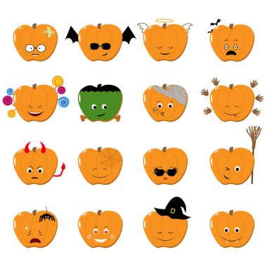 İfadeleri halloween vektör ayarlayın. Şirin komik çıkartmaları. Emoji kabak düz çizgi film tarzı. Vektör çizim