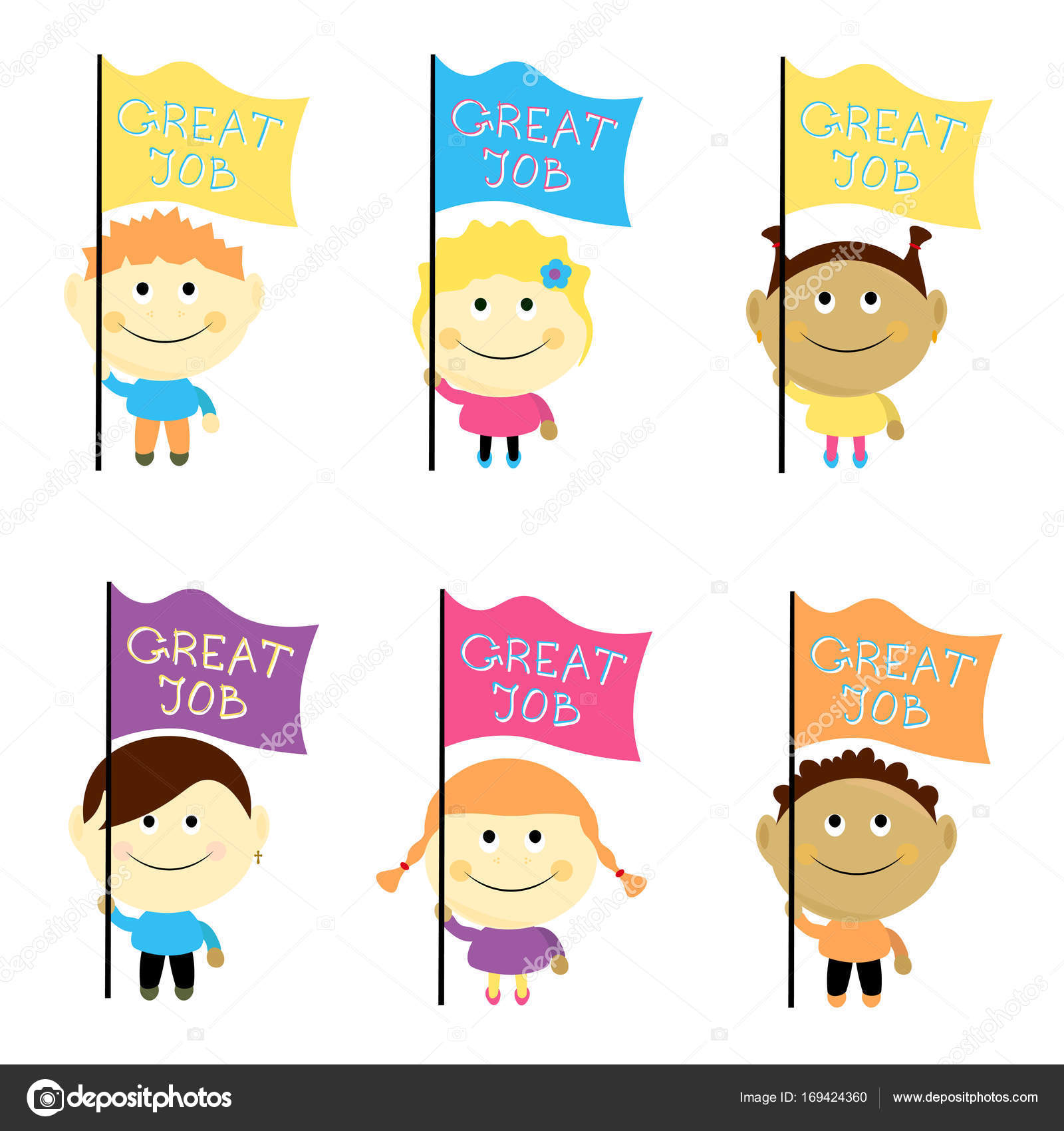 Kids Set Vector Illustration Children Looking Up With Smile With