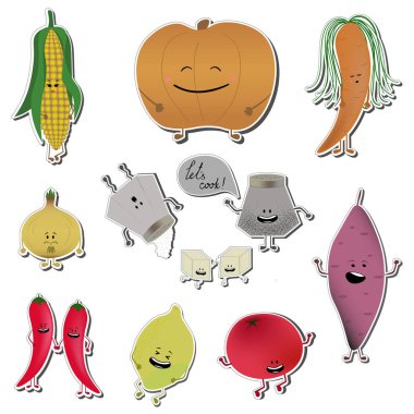 Gıda emoji çıkartmaları. Vektör çizim sebze yemek.