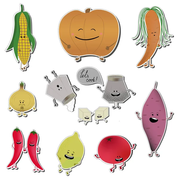 Adesivos emoji de comida. Ilustração do VECtor da culinária vegetal . —  Vetores de Stock