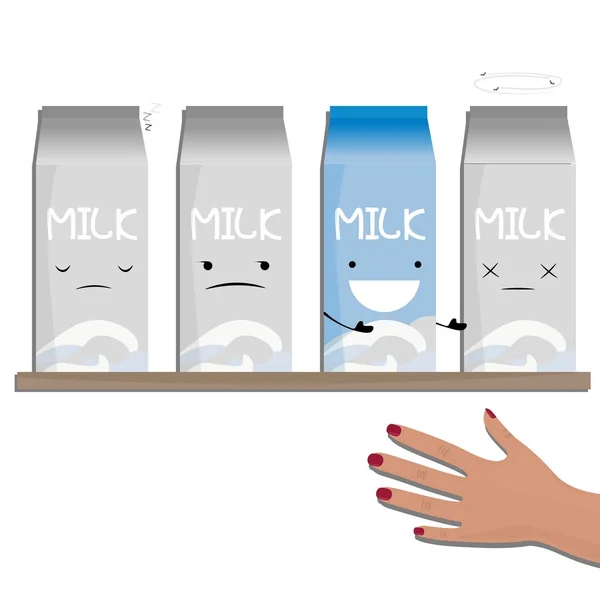 Vektorillustration von Milchgefühlen, ein Karton Milch mit Gesicht und Händen. Kaufentscheidung im Geschäft — Stockvektor