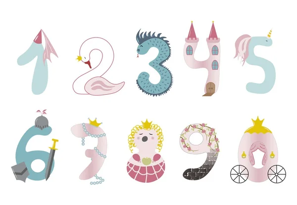 Números engraçados vetor bonito princesa. Números coloridos para ilustração de matemática e crianças . — Vetor de Stock