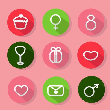 Sevgililer s gün Icons set. Basit bir daire düğmeleri uzun gölgeler sembollerle