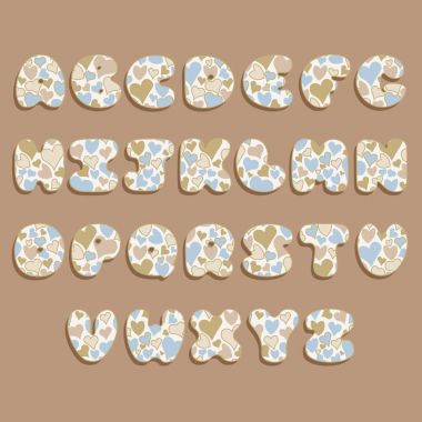 Tombul el yazısı alfabe vektör kalpleri ile ayarla.