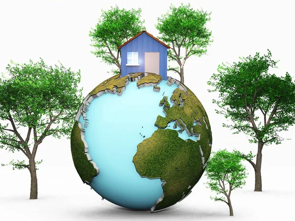 白色背景下的房子和绿树的地球地球仪 — 图库照片