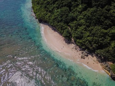 Bali Adası ve yeşil kase beach görünümünü. Küçük bir plaj orman. Bir uzun taş merdiven sahile gidiyor. Uçak üzerinden Üstten Görünüm.