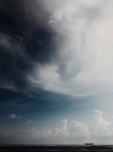 Storm sky and ship. Mystical frame. Side view with copy space