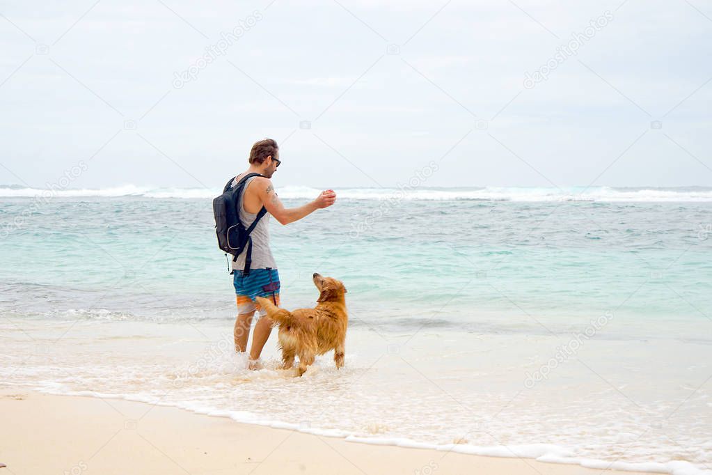 A young hipster, surfer and freelancer plays with a golden retriever dog on the beach of the island, Bali.
