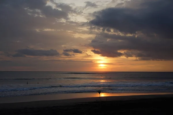 Zonsondergang Het Eiland Bali Silhouet Van Mens Hond Rake — Stockfoto