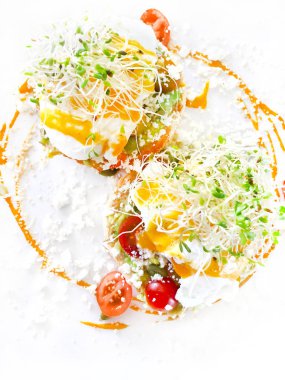 Beyaz bir arka plan üzerinde yumurta paschott (haşlanmış yumurta). Bir daire içine dökülen peynir ve sos ile.