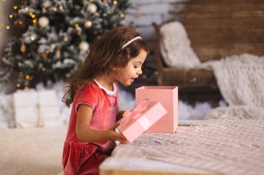 Küçük kız Noel hediyesi açma