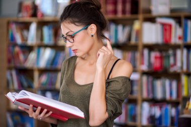 Genç simpatic kadın bir kitap plaing saçlı okuma