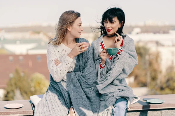 Dos chicas atractivas disfrutan de una fiesta de té en la azotea con vistas a la ciudad —  Fotos de Stock