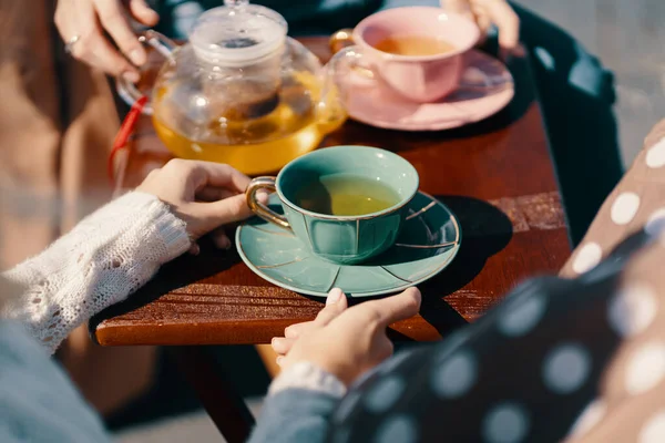 Two Attractive Girls Enjoy Tea Party Drinking Healthy Buckwheat Tea — Stock Photo, Image