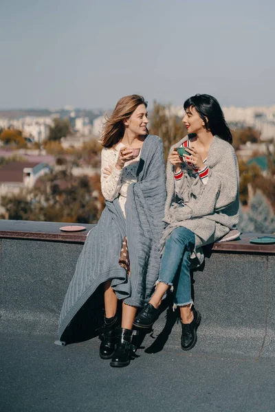 Duas Garotas Atraentes Desfrutam Uma Festa Chá Telhado Com Vista — Fotografia de Stock