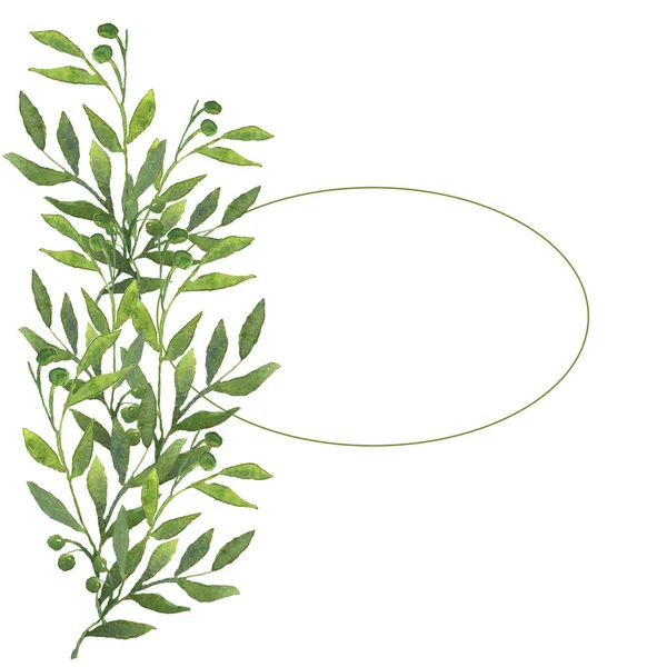 Acuarelă banner pictat manual cu frunze verzi. Flori de primăvară sau de vară pentru invitație, nuntă sau felicitări . — Fotografie, imagine de stoc