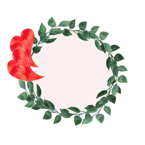 Рамка з зеленим листям на білому тлі і червоним серцем — стокове фото