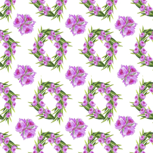 Μοτίβο ροζ λουλουδιών με πράσινα φύλλα σε λευκό φόντο — Φωτογραφία Αρχείου