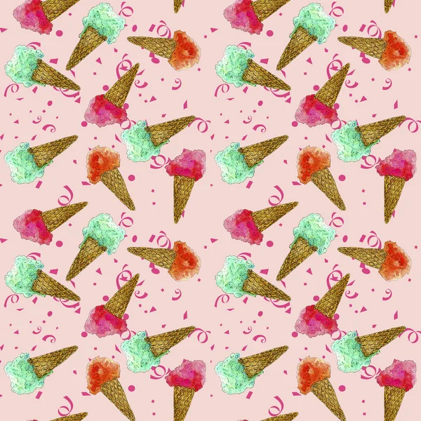 Акварельний малюнок візерунка морозива на кольоровому фоні — стокове фото