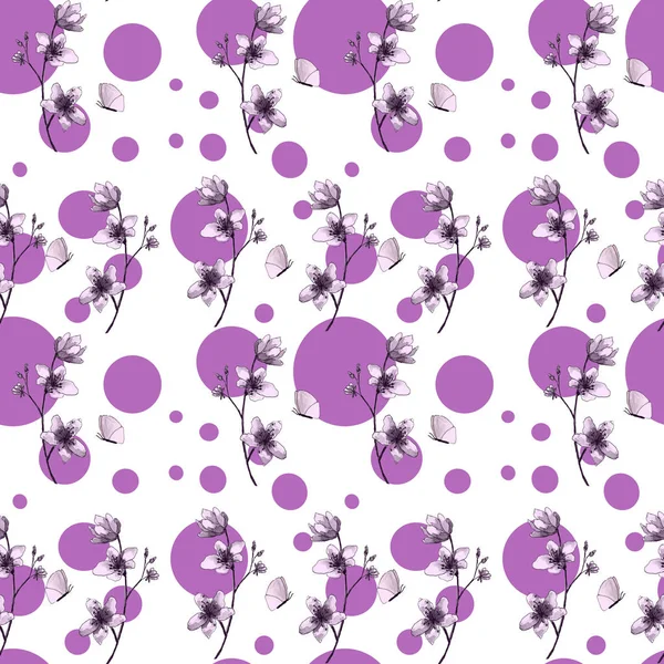 Muster von Zweigen mit Blumen auf farbigem Hintergrund mit Schmetterlingen — Stockfoto