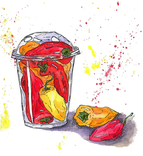 Acuarela dibujo de pimiento rojo y amarillo en un recipiente sobre un fondo blanco — Foto de Stock