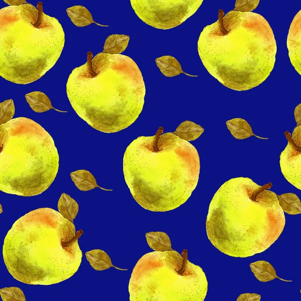 Акварель желтые яблоки на голубом фоне — стоковое фото