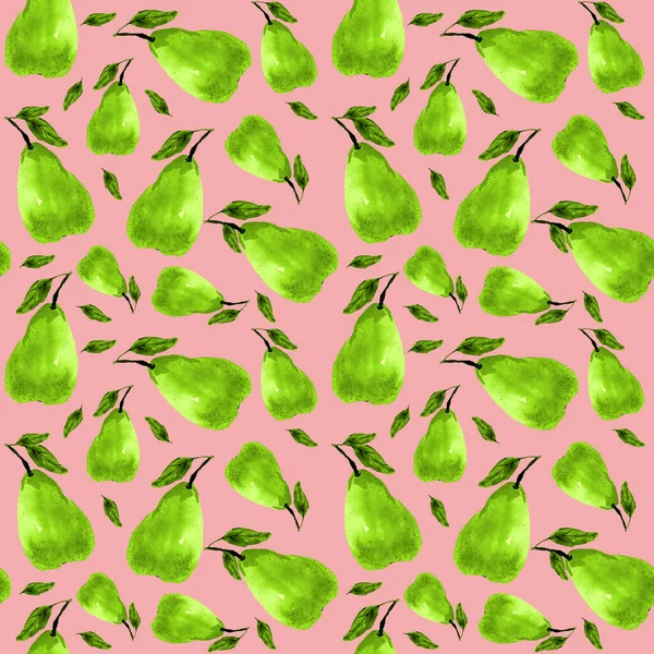 Μοτίβο υδατογραφία τυποποιημένα πράσινα αχλάδια σε ένα χρωματιστό φόντο — Φωτογραφία Αρχείου