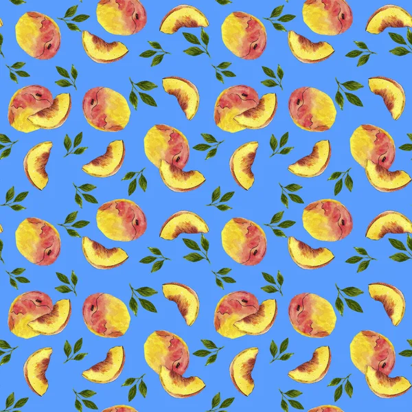 Watercolor peaches pattern on a blue background — 스톡 사진