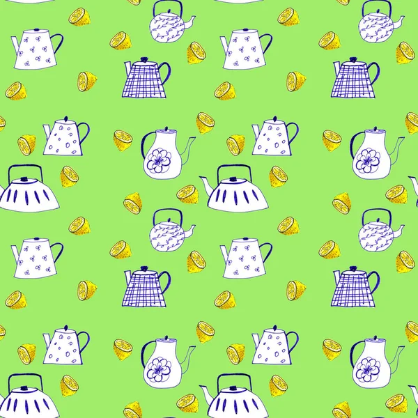 Decorative dishes pattern on a colored background. Perfect for bakery shop, apron design, kitchen tableware. — 스톡 사진