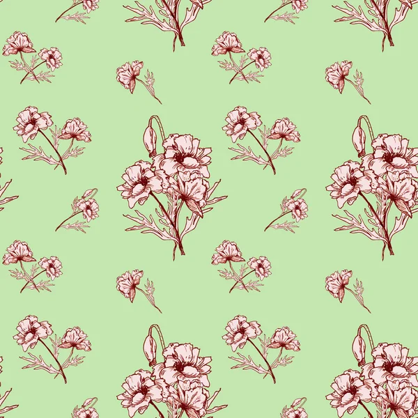 Poppies in bouquets pattern on a green background — Stock Photo, Image