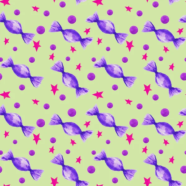 Patrón de caramelos violetas y elementos decorativos sobre un fondo de color —  Fotos de Stock