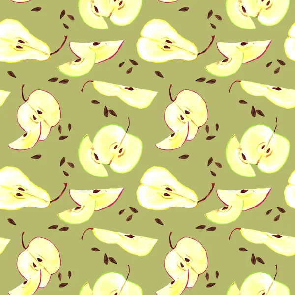 Akvarell mönster av päron och äpplen på en färgad bakgrund — Stockfoto